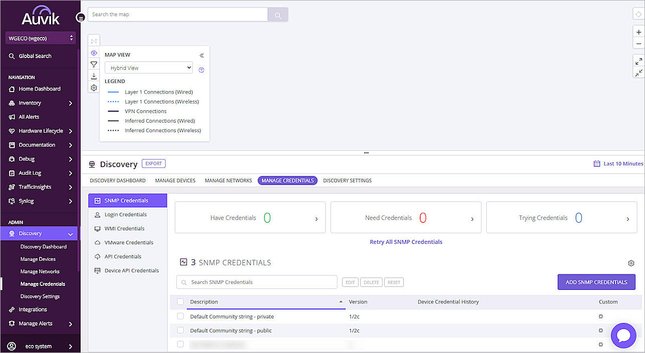 Screenshot of Auvik, SNMP credetials page